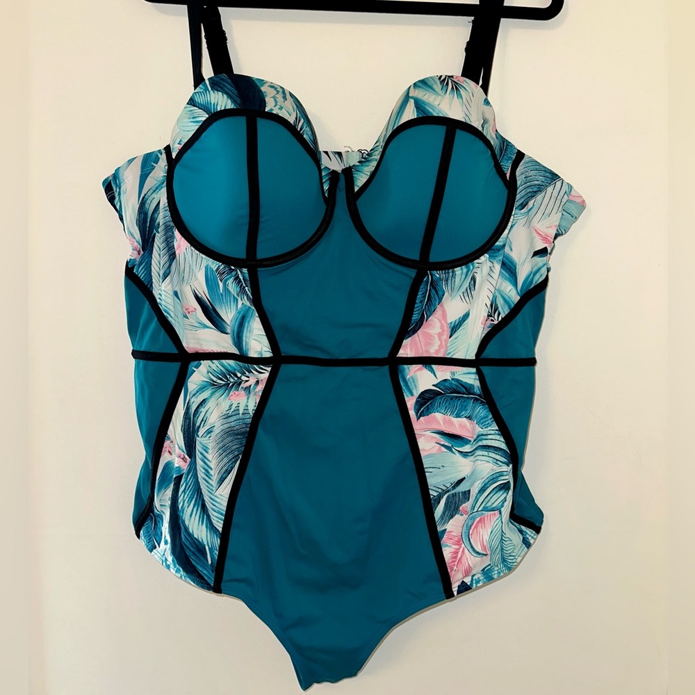 One-piece tropical print swimsuit.